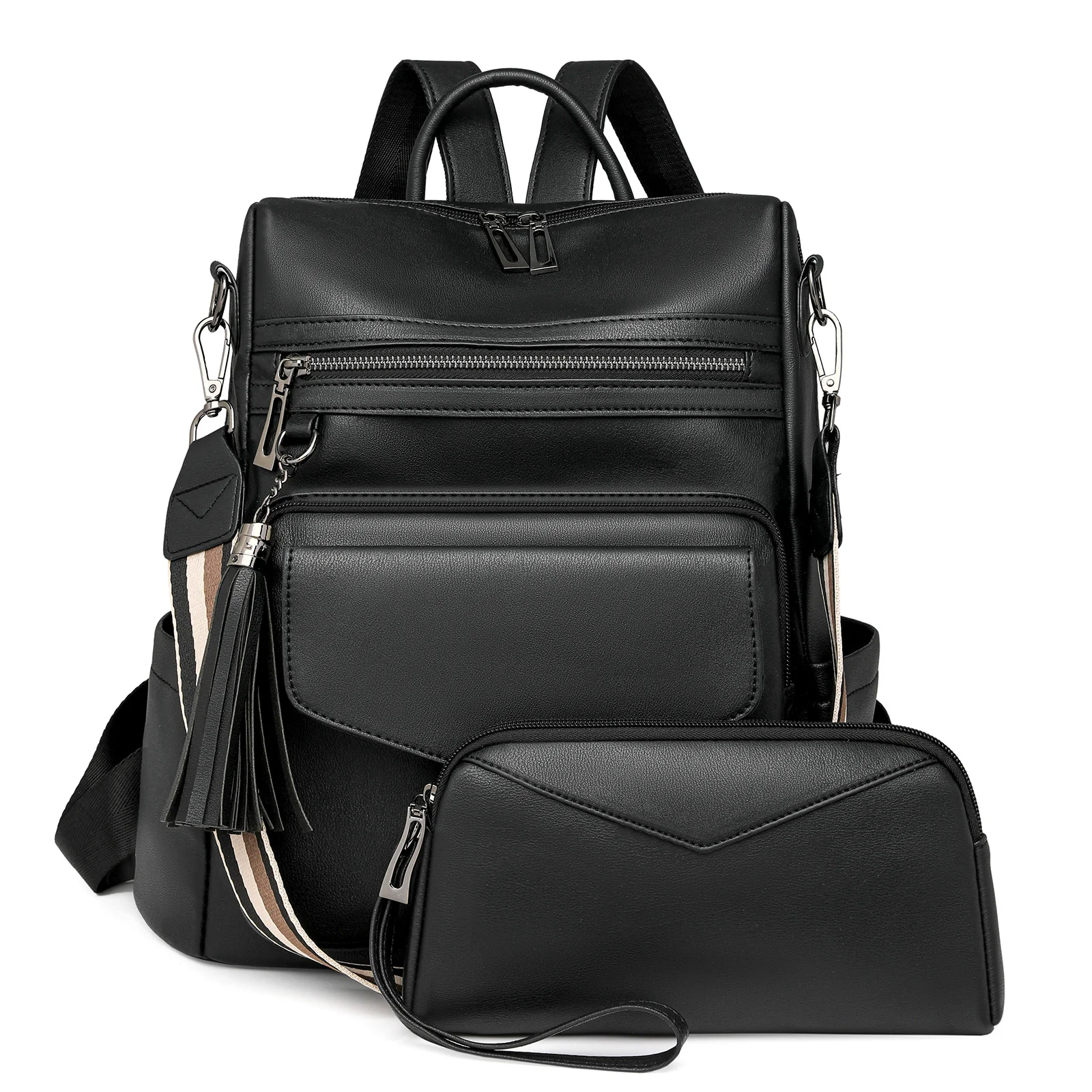 Black Women's Retro PU Leather Backpack - Dual-Color Tassel Design, Winter High-End Style