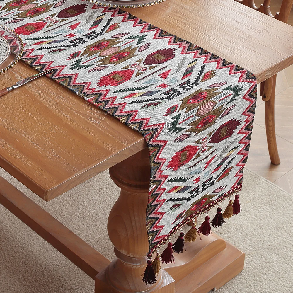 Posey's Geometry American Retro Jacquard Embroidered Table Runner - Light Luxury Table Mat 30cm x 180cm with Tassels