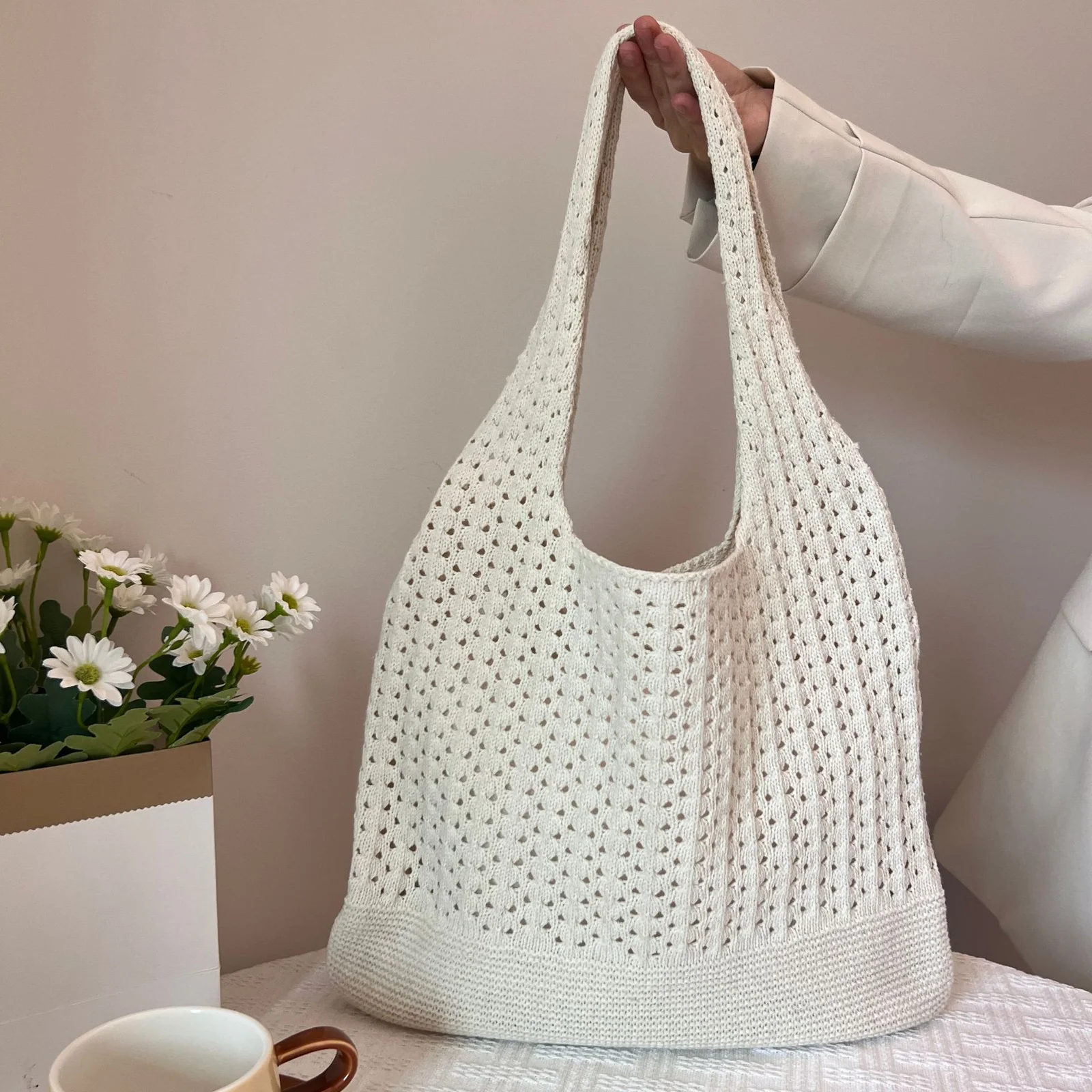 White Handwoven Knitted Tote Bag - Vintage Style Shoulder Bag