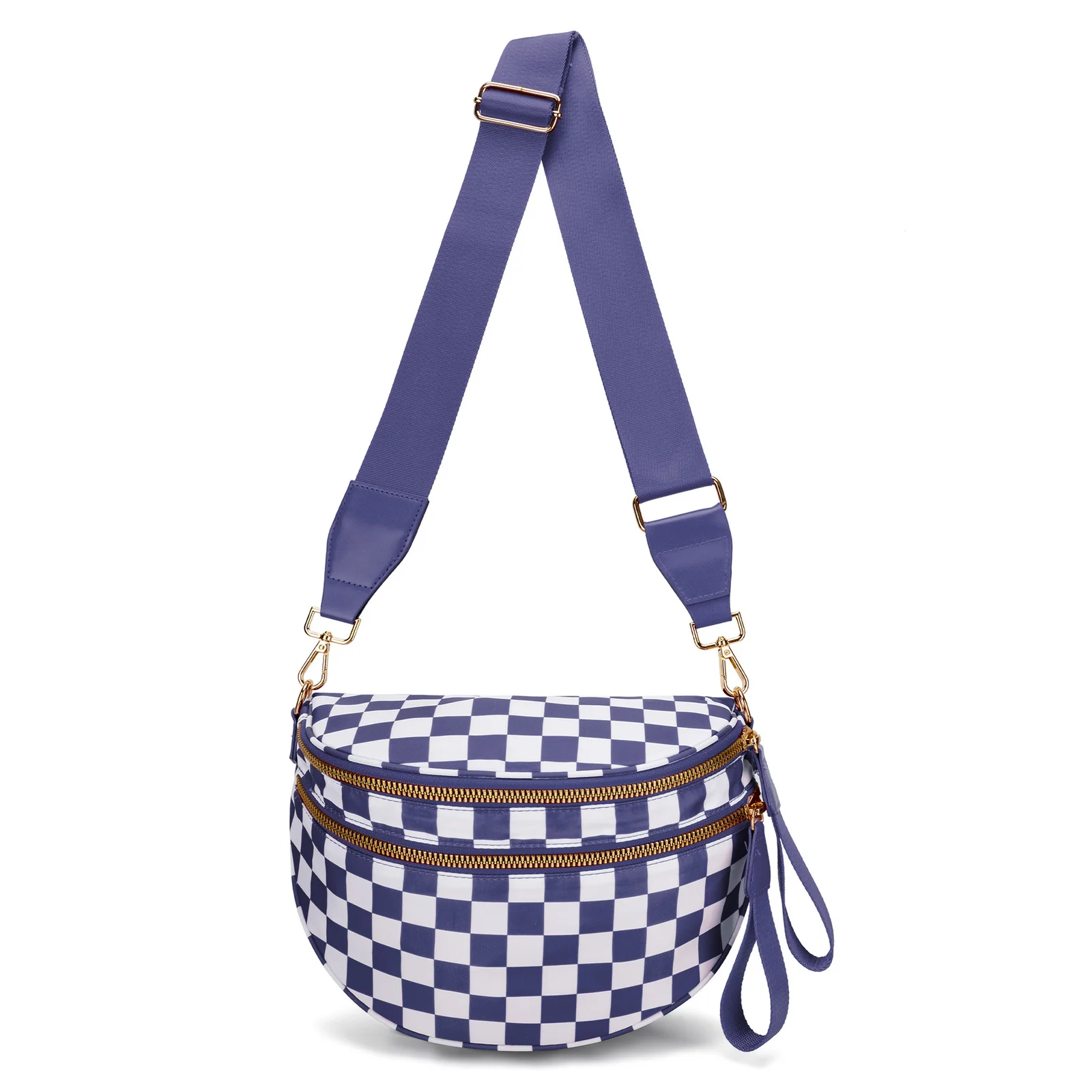 Dark Purple Checkered Trendy Sling Bag - Women's Crescent Crossbody Purse with Wide Adjustable Strap