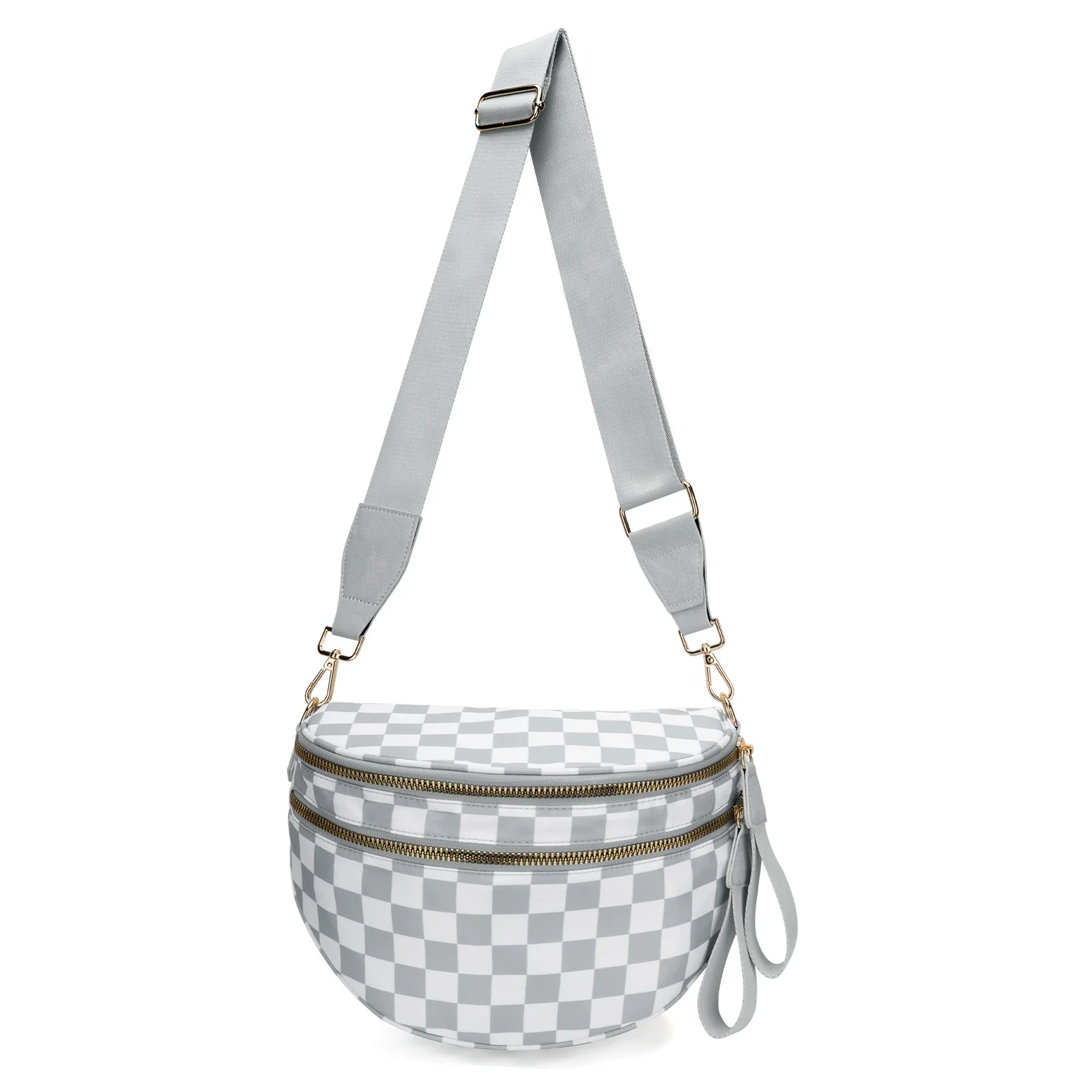 Light Grey Checkered Trendy Sling Bag - Women's Crescent Crossbody Purse with Wide Adjustable Strap