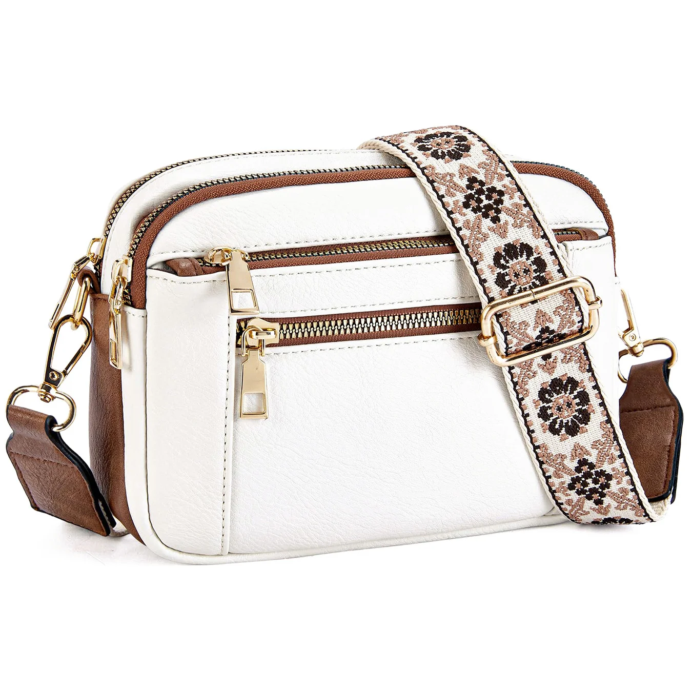 Double Zipper White Brown Chic Quilted Crossbody Bag - Vintage PU Leather Shoulder Purse with Adjustable Strap