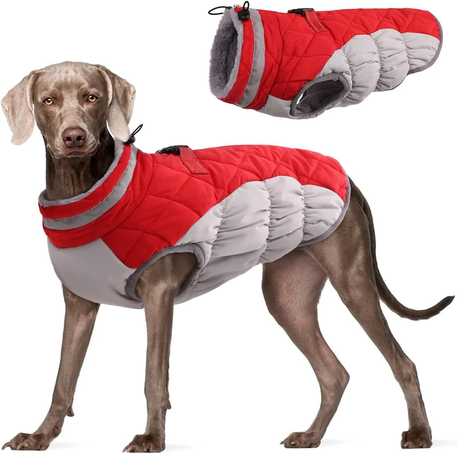XS Red Grey Premium Winter Puffer Dog Coat - Windproof & Fleece-Lined Jacket for Cold Weather