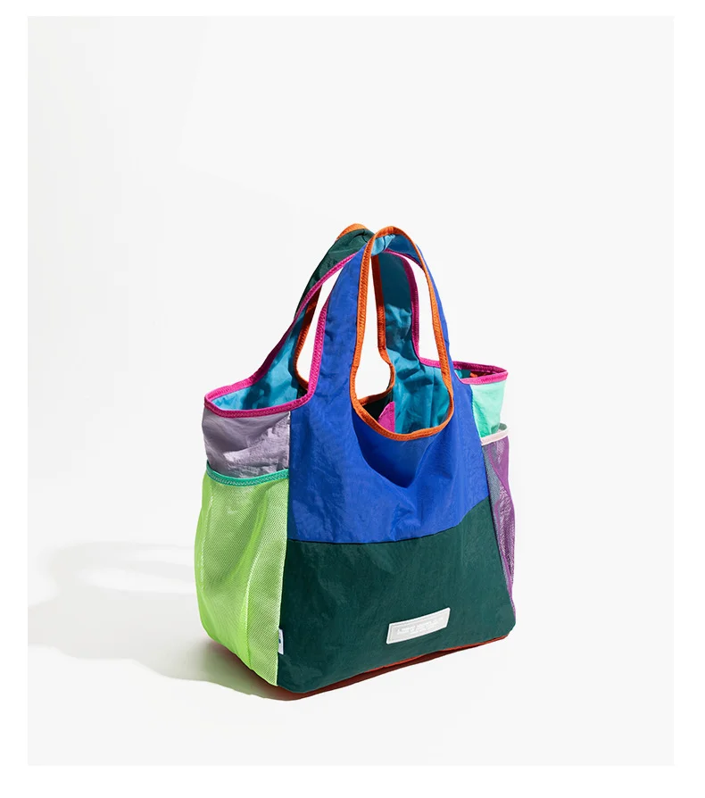Green Vibrant Colorblock Foldable Tote Bag Lightweight Reusable Shopping Shoulder Bag