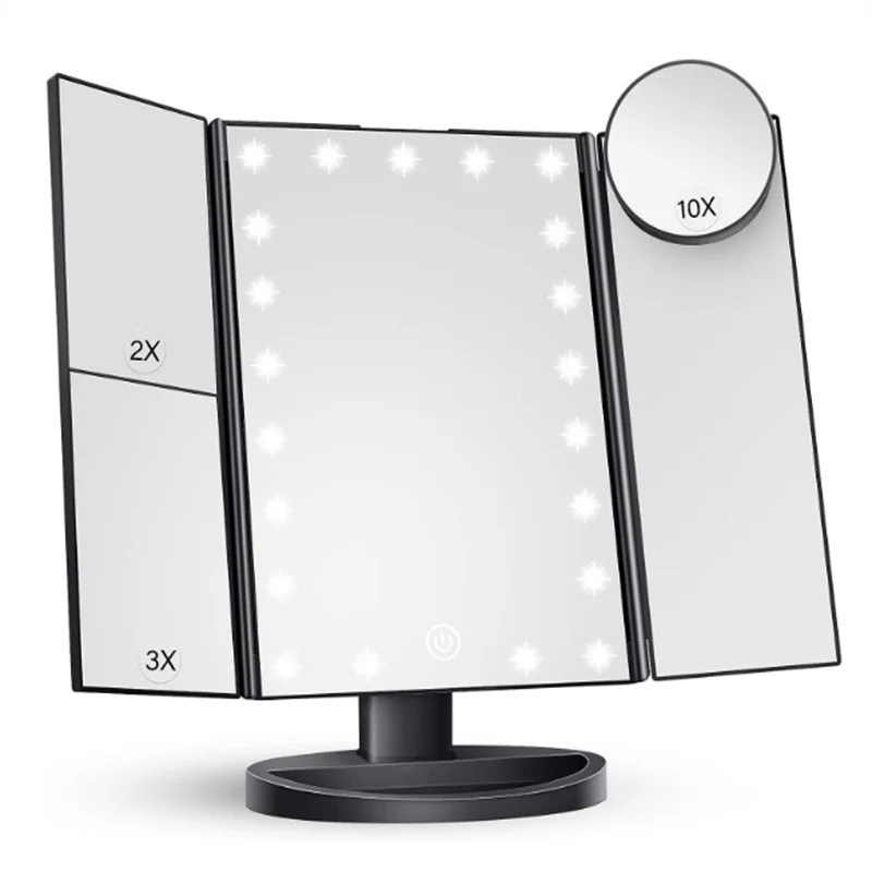 Black LED Lighted Tri-Fold Vanity Mirror with 2X/3X/10X Magnification