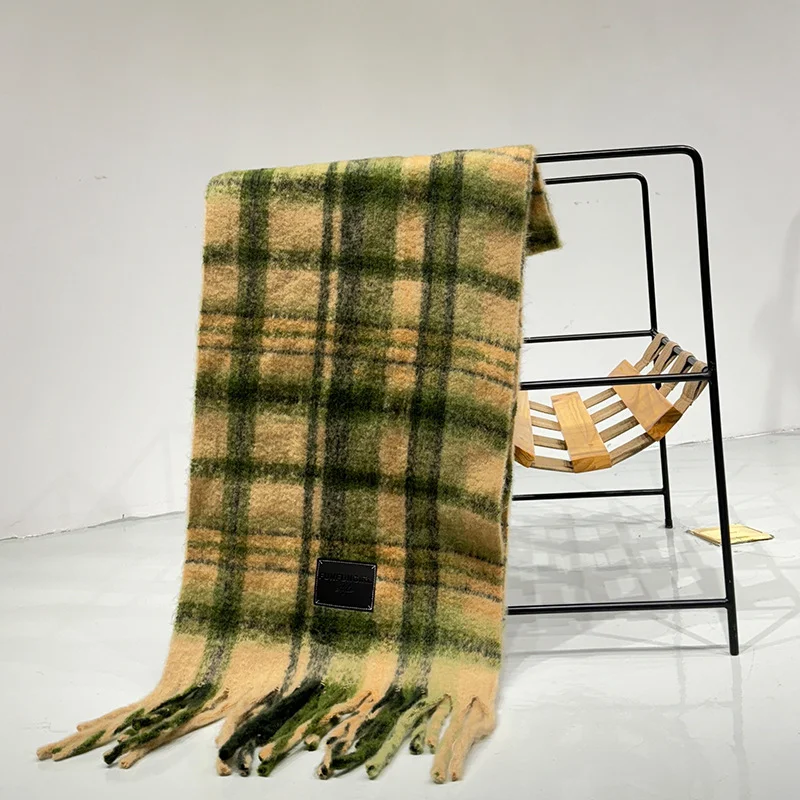 Yellow-green Plaid Color-Block Women's Scarf - Autumn/Winter Thick Warm Neck Wrap with Tassels