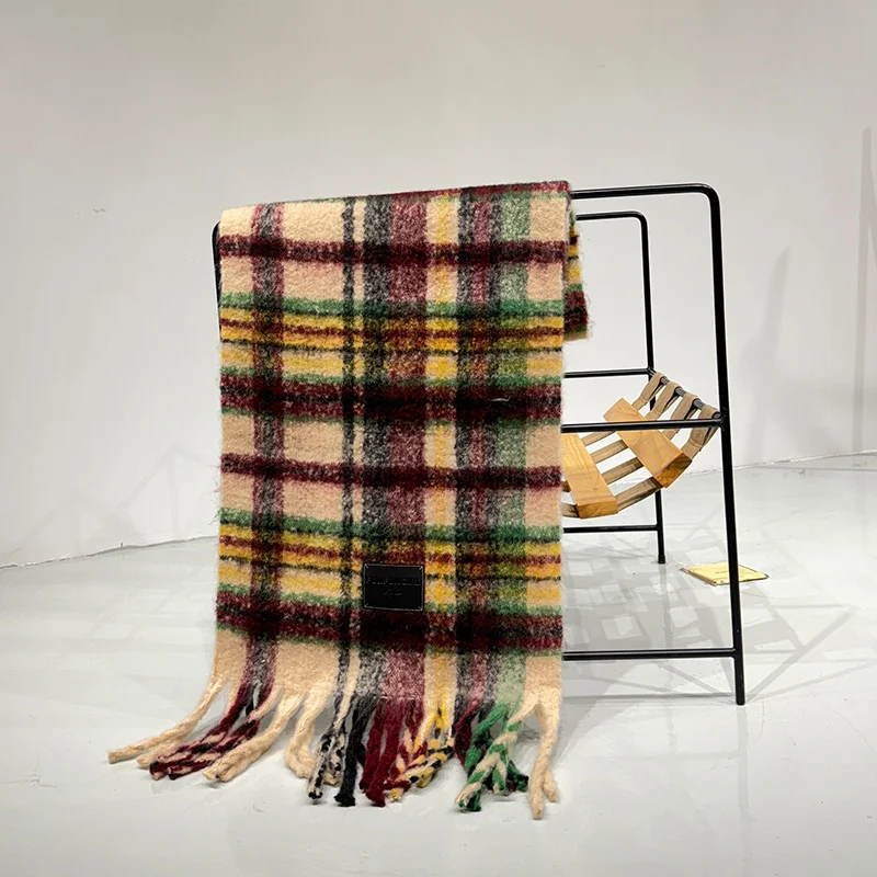 Red-yellow Plaid Color-Block Women's Scarf - Autumn/Winter Thick Warm Neck Wrap with Tassels