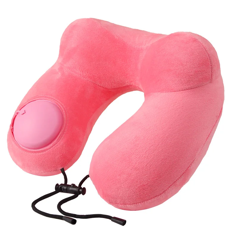 Pink Press-to-Inflate Travel Neck Pillow - Ergonomic U-Shaped Cushion for Airplane and Car