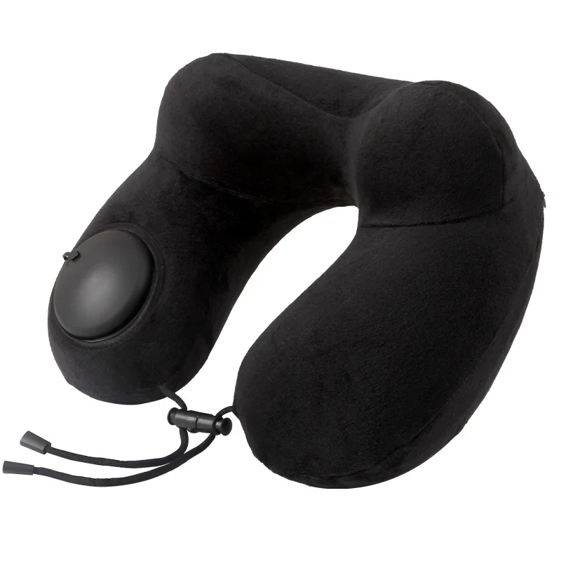 Black Press-to-Inflate Travel Neck Pillow - Ergonomic U-Shaped Cushion for Airplane and Car
