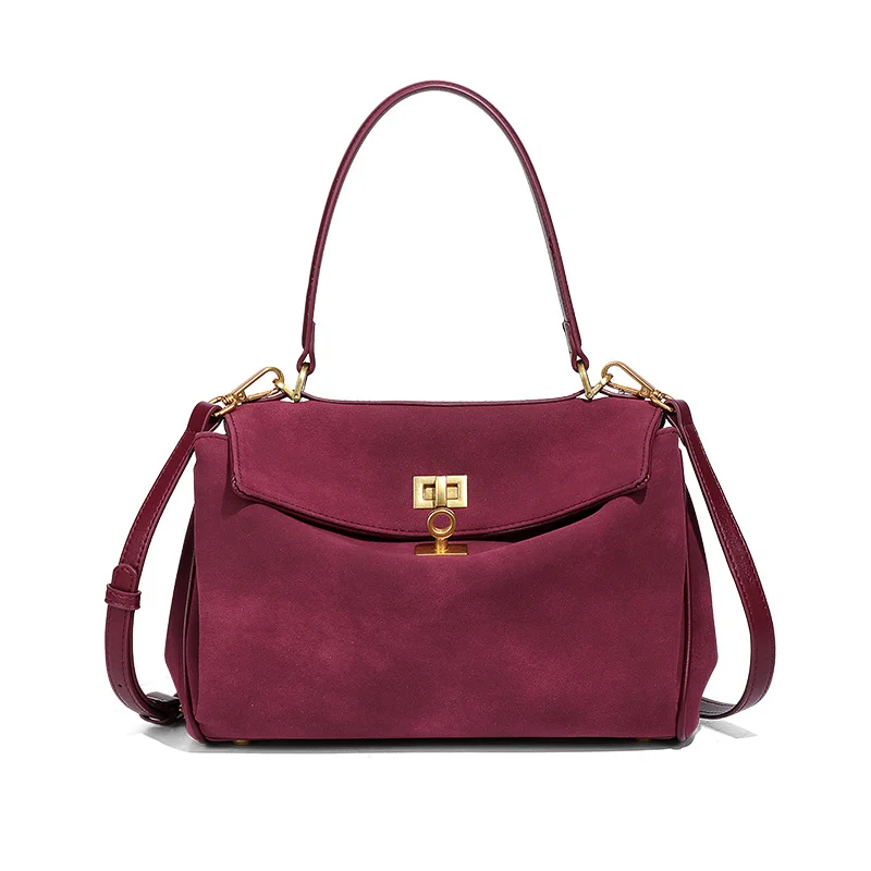 Wine Red Women's Vintage Suede Satchel Bag - Elegant Top Handle Purse with Gold Lock