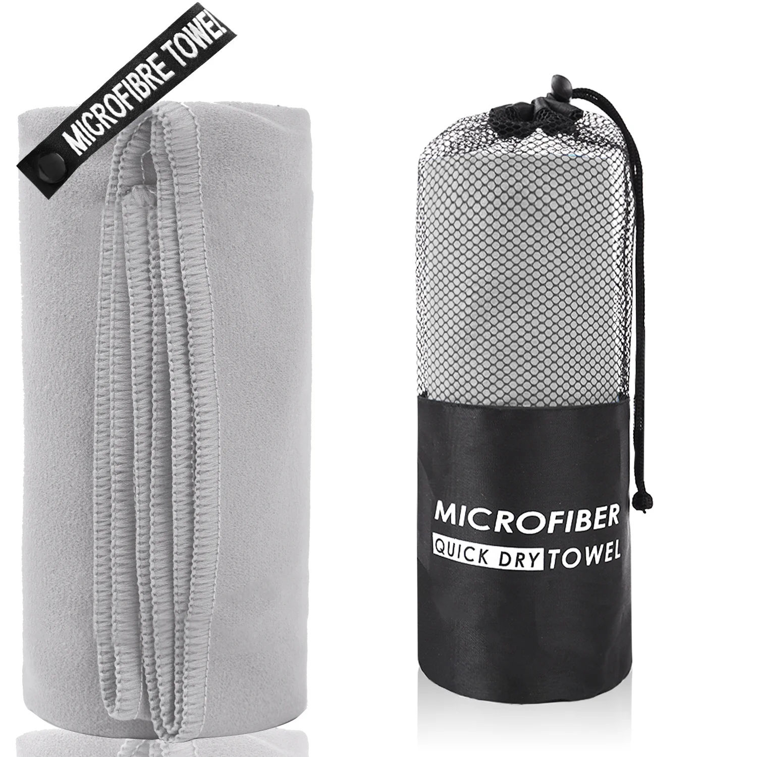 2-Piece Light Grey Quick-Dry Microfiber Sports Towel with Travel Case - Compact & Absorbent for Gym, Swimming & Camping