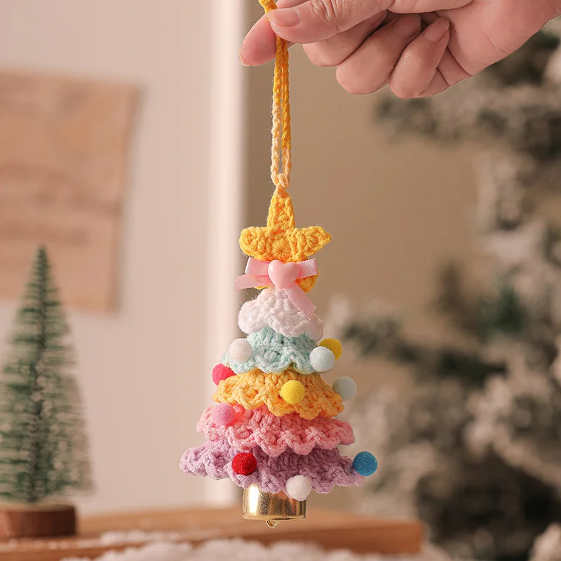 2PCS Orange Handmade-Style Crochet Christmas Tree Ornament - Festive Plush Hanging Decor for Home & Car