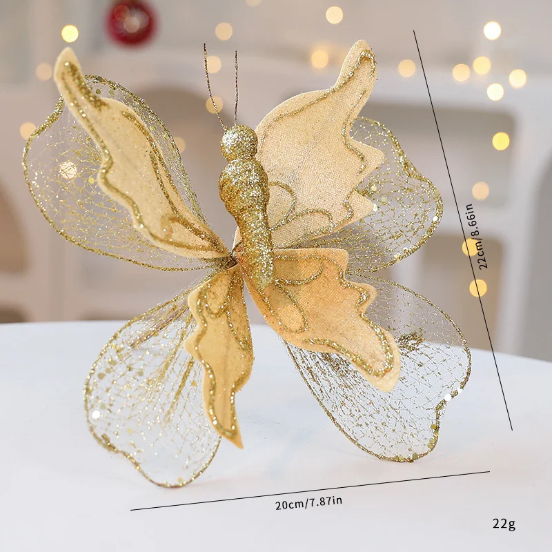 Gold Large Glitter Butterfly Christmas Ornaments (Set of 2) - Clip-On Decorations for Trees & Wreaths