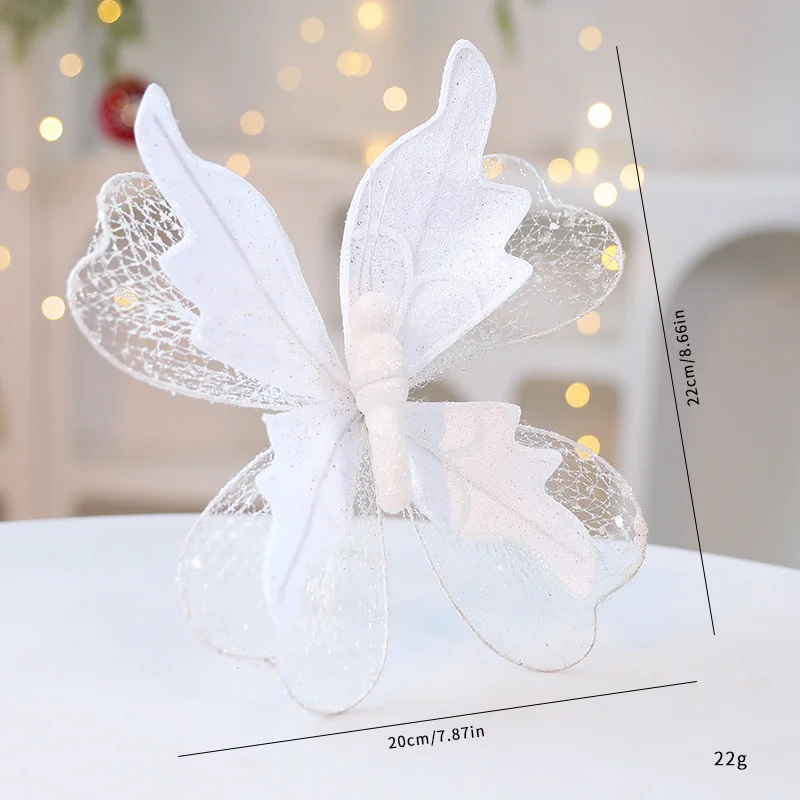 White Large Glitter Butterfly Christmas Ornaments (Set of 2) - Clip-On Decorations for Trees & Wreaths