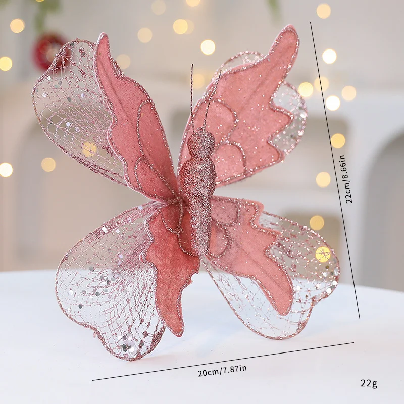Rose Gold Large Glitter Butterfly Christmas Ornaments (Set of 2) - Clip-On Decorations for Trees & Wreaths