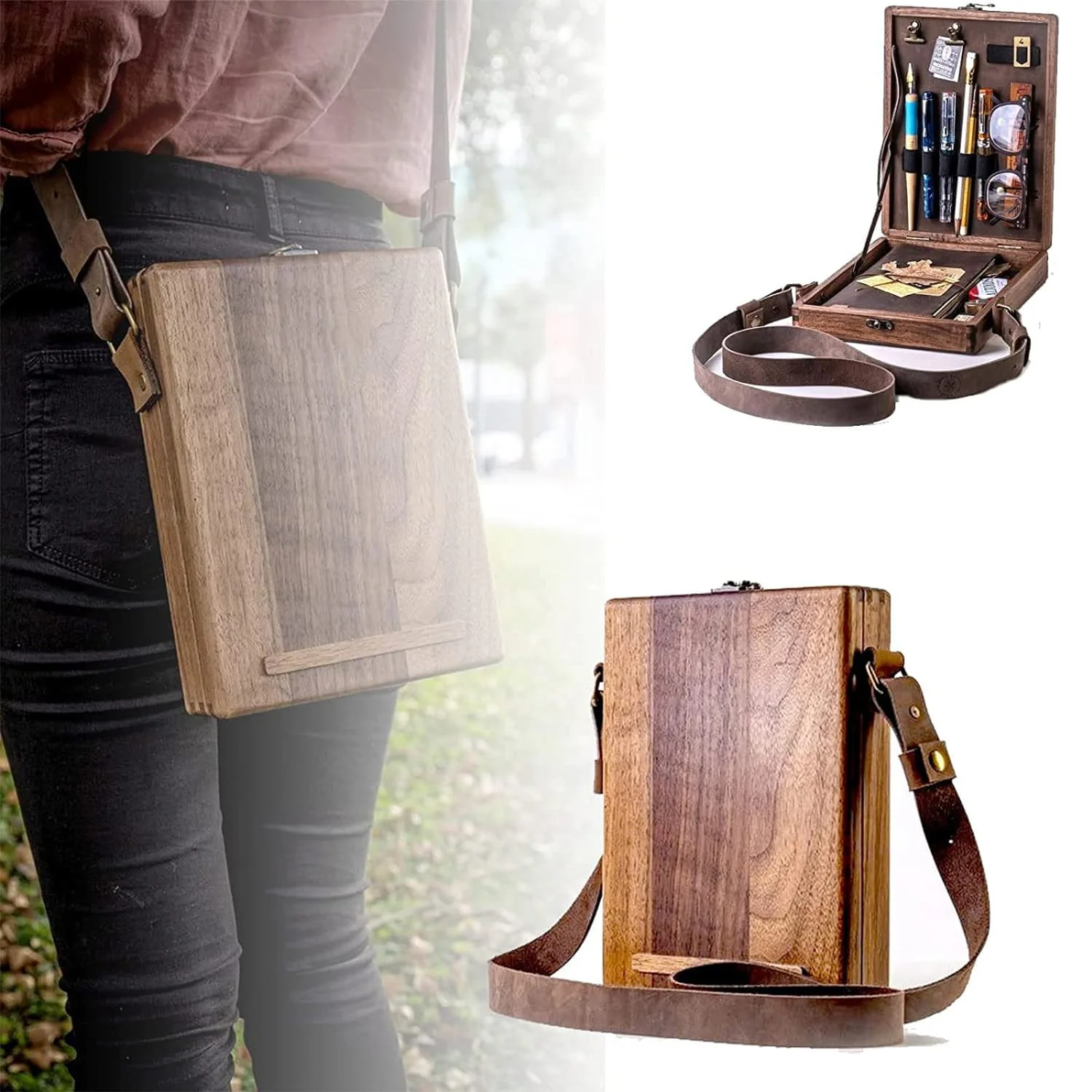 Vintage Writer's Wooden Messenger Box - Artisan Crossbody Satchel for Artists and Creatives