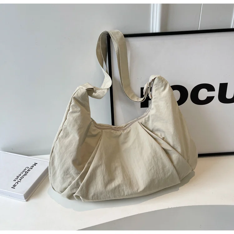 Beige Lightweight Crescent Crossbody Bag - Slouchy Nylon Hobo Purse for Casual Everyday Use