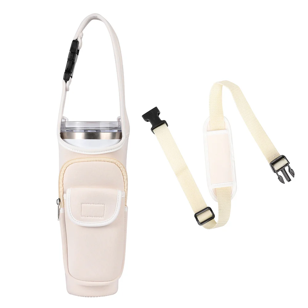 White Insulated Tumbler Carrier Pouch with Adjustable Strap & Pocket
