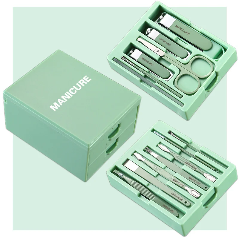 Green Professional 13-Piece Manicure & Pedicure Set - Anti-Splash Carbon Steel Nail Clippers Kit with Compact Drawer Organizer