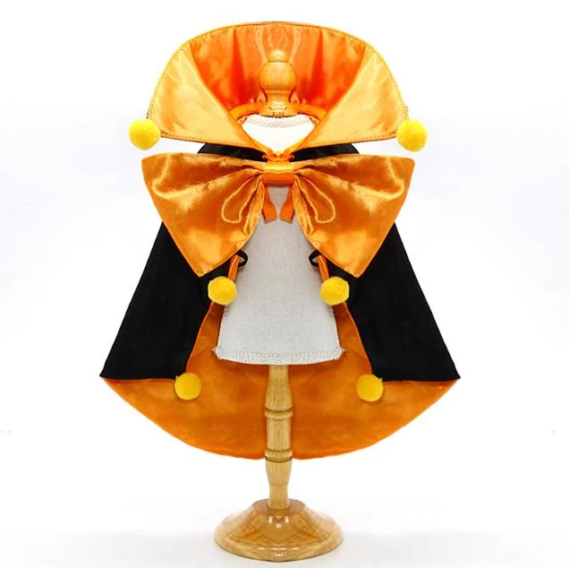 Orange Regal Vampire Pet Cape | Halloween & Christmas Costume Cloak with Bow & Pom-Poms for Dogs and Cats(Size M)