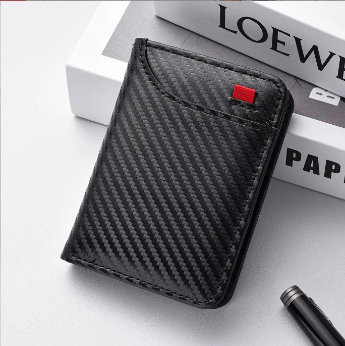 Black Sleek Carbon Fiber Vertical Wallet for Men - Slim Bifold Card Holder with Clear ID Window