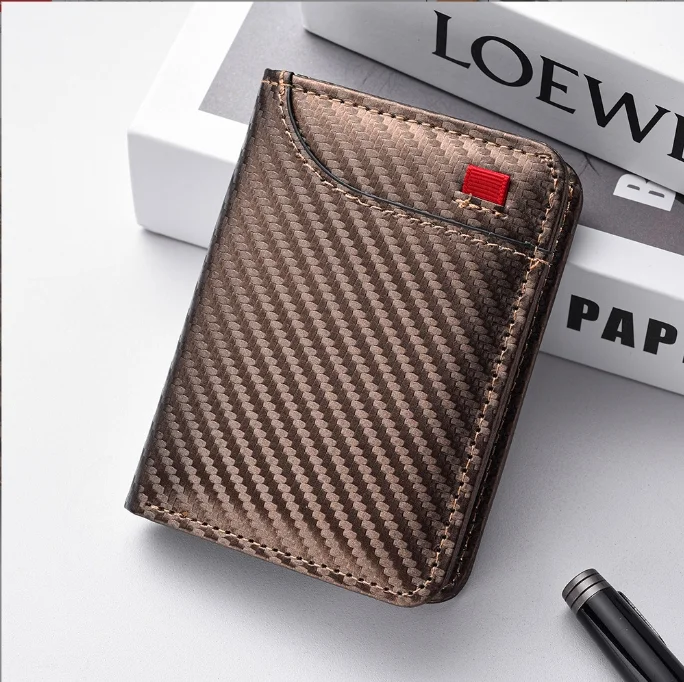 Coffee-colored Sleek Carbon Fiber Vertical Wallet for Men - Slim Bifold Card Holder with Clear ID Window