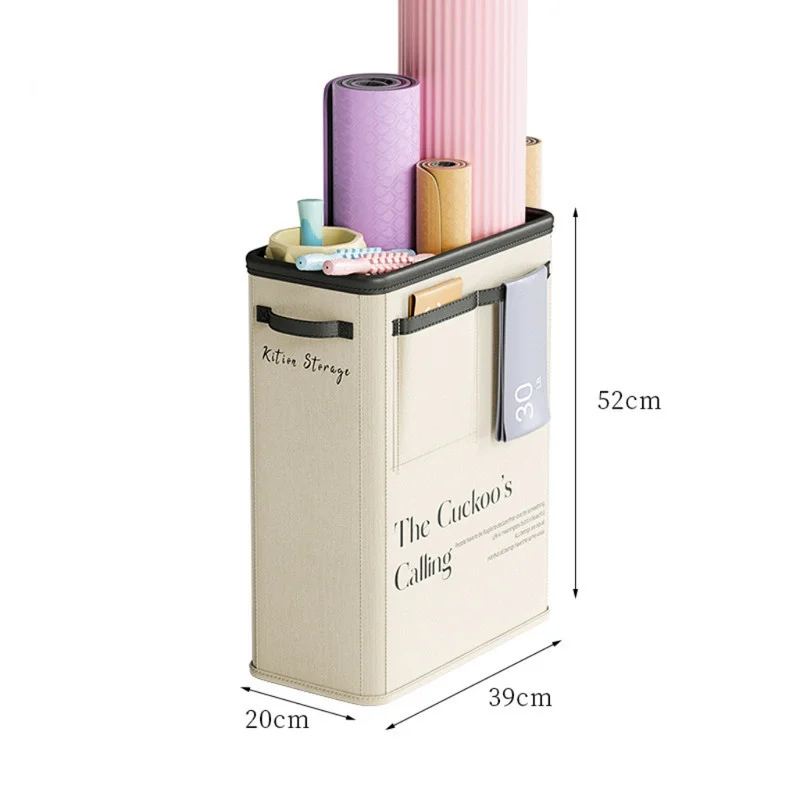 Beige Premium Fabric Yoga Mat Storage Basket - Slim & Foldable Organizer for Home Gym Equipment