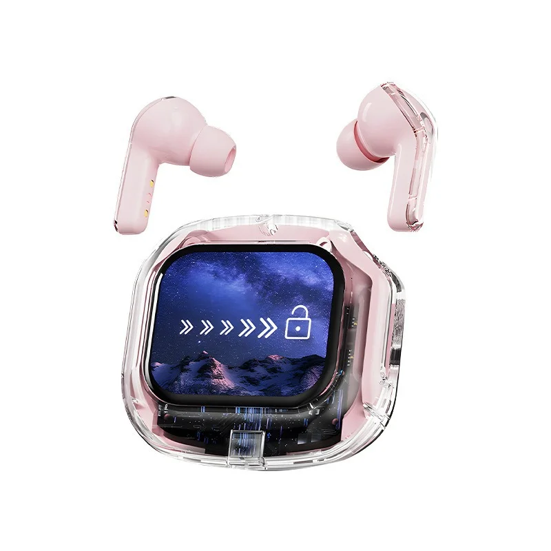 Pink Smart TWS Earbuds with Full-Color LCD Touchscreen Case - Bluetooth 5.4, HiFi Stereo & ENC Noise Cancelling