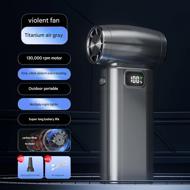Black Portable High-Speed Turbo Fan & Air Duster - 130,000 RPM Brushless Motor, Rechargeable Blower