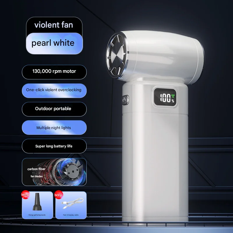 White Portable High-Speed Turbo Fan & Air Duster - 130,000 RPM Brushless Motor, Rechargeable Blower