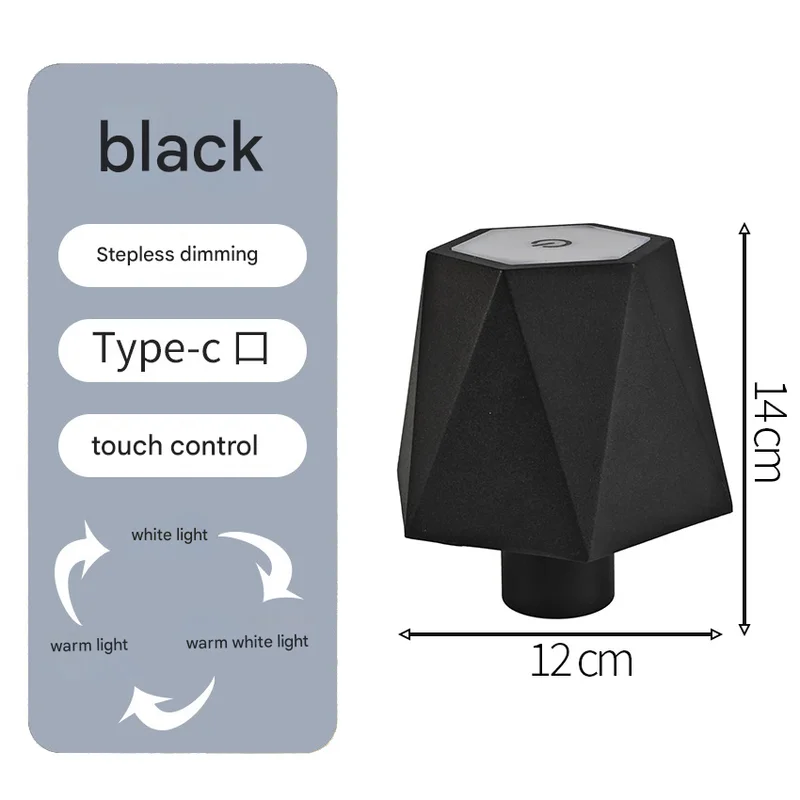 Triangular black Cordless LED Bottle Lamp - Rechargeable Touch-Control Table Light with 3 Color Modes for Bar & Home Decor