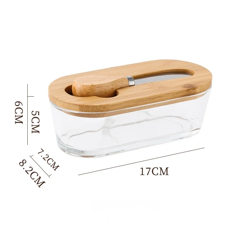 Natural wood color - flat Elegant Glass Butter Dish with Wooden Lid & Matching Spreader - Sealed Butter Keeper for Freshness