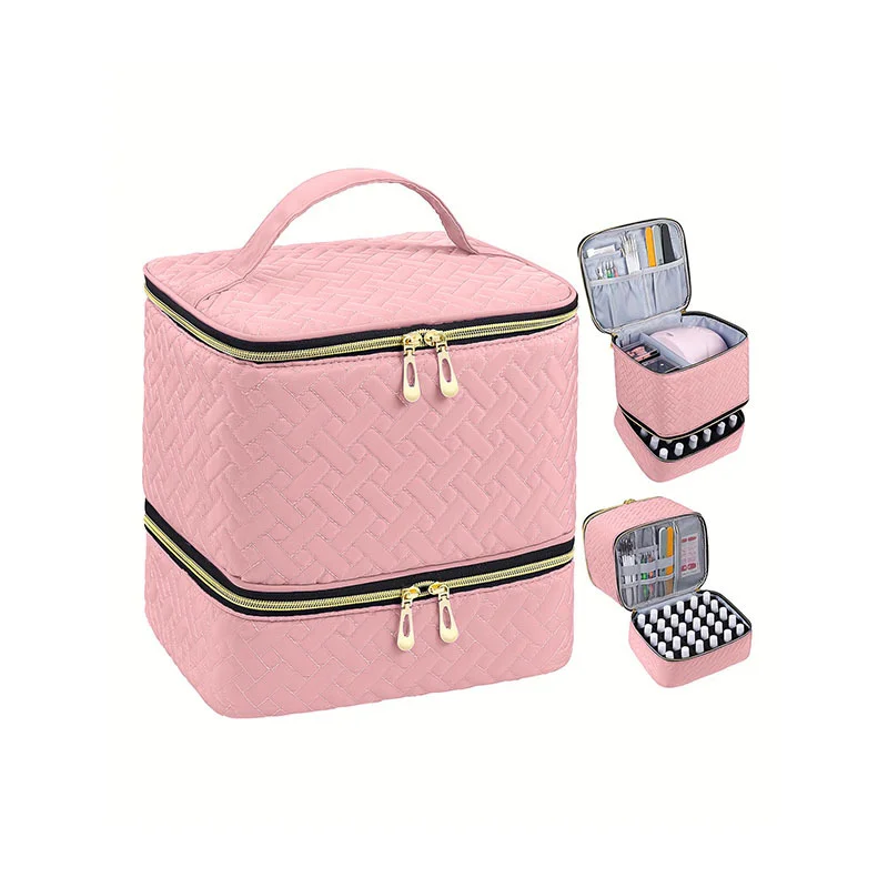 Pink Professional Nail Polish Organizer Case for 30 Bottles & UV Lamp - Double-Layer Travel Storage Bag
