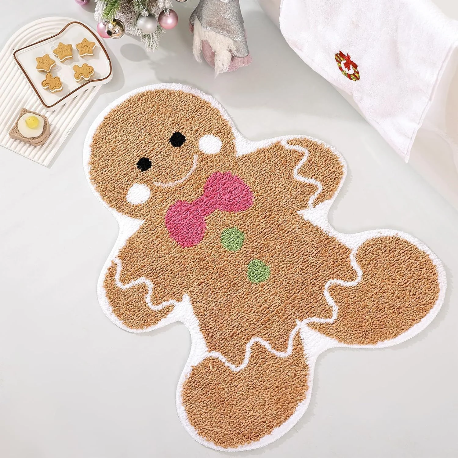 Brown Bowknot gingerbread man Festive Christmas Shaped Floor Mat - Plush Non-Slip Holiday Accent Rug
