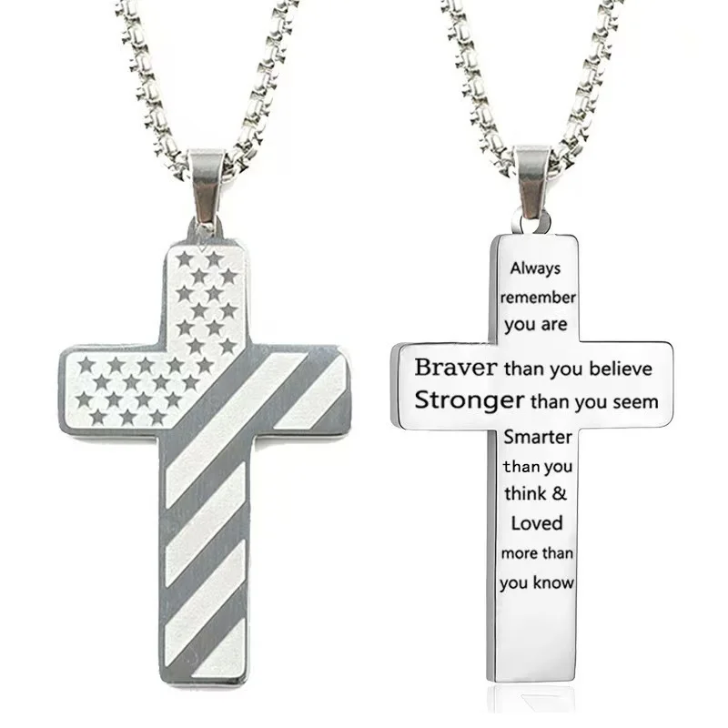 Silver Men's Textured Cross Necklace - Stainless Steel Pendant with Inspirational Message