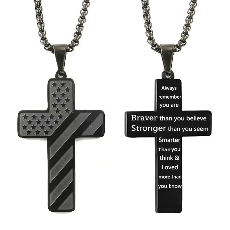 Black Men's Textured Cross Necklace - Stainless Steel Pendant with Inspirational Message