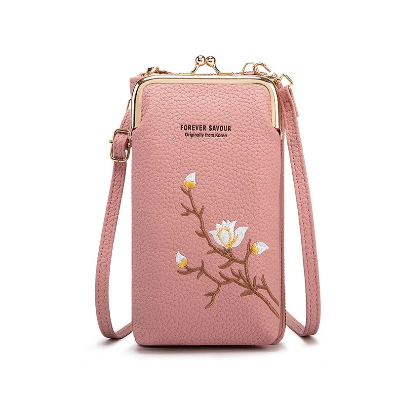 Dark pink Chic Embroidered Crossbody Phone Wallet - All-in-One Purse with Kiss-Lock Clasp
