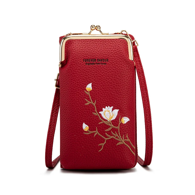 Red Chic Embroidered Crossbody Phone Wallet - All-in-One Purse with Kiss-Lock Clasp