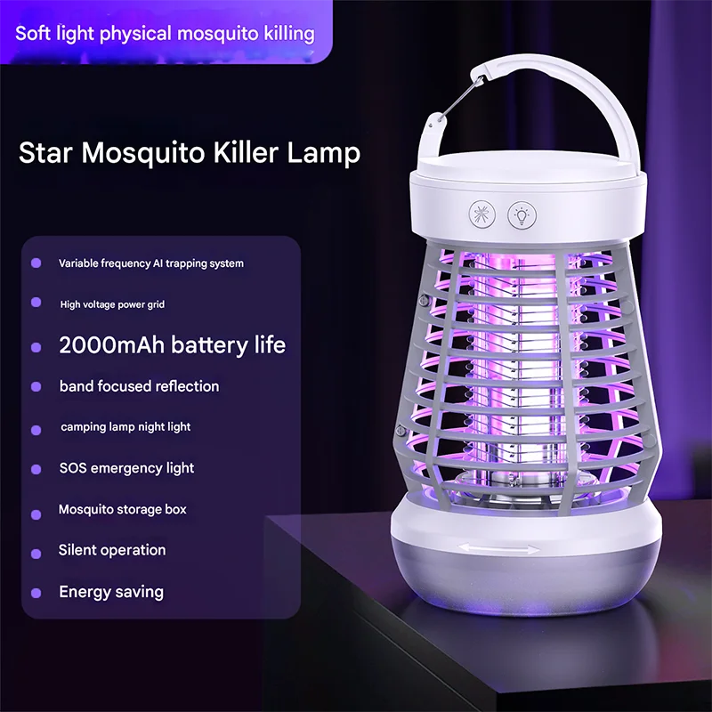 White Rechargeable 3-in-1 Bug Zapper Lantern - Portable UV Mosquito Killer with Camping Light & SOS Mode
