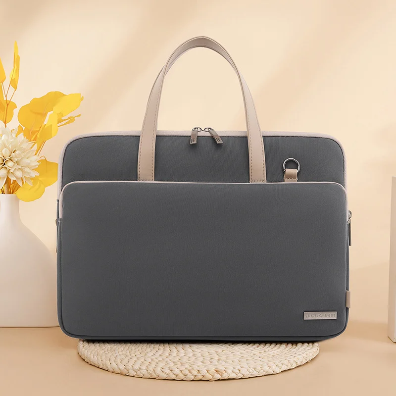 Grey Chic Padded Laptop Bag for 15.6-Inch Notebooks - Versatile Shoulder Briefcase with Trolley Strap
