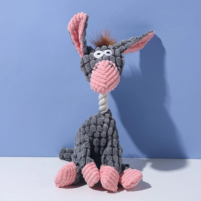 Grey donkey Cuddly Corduroy Squeaky Animal Toy - Interactive Plush Chew for Dogs