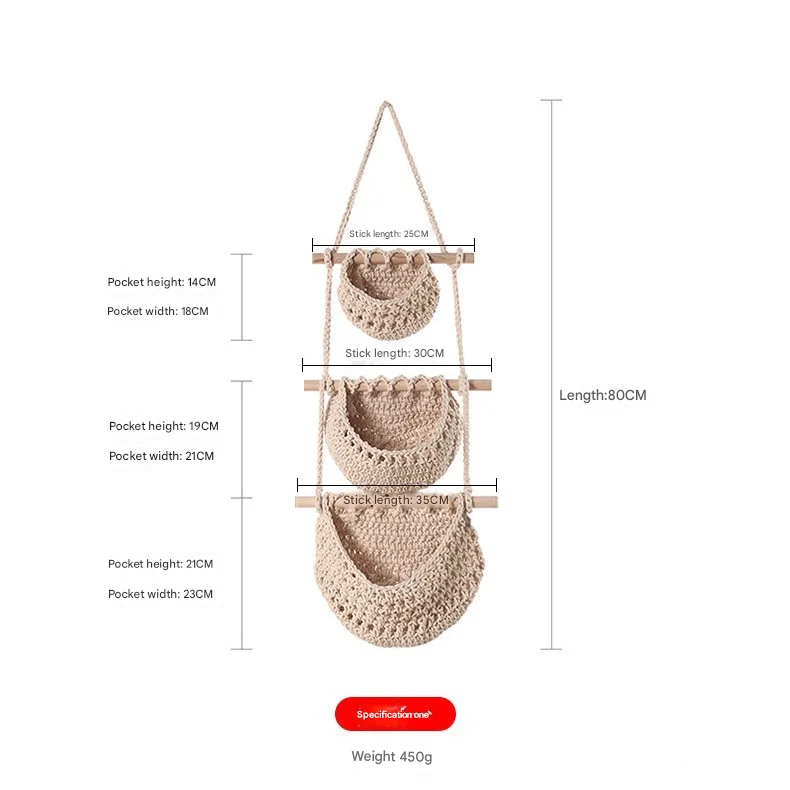 Three-layer cotton rope style Bohemian Hanging Fruit Basket – Wall-Mounted Woven Storage Net Pocket for Kitchen & Home Decor