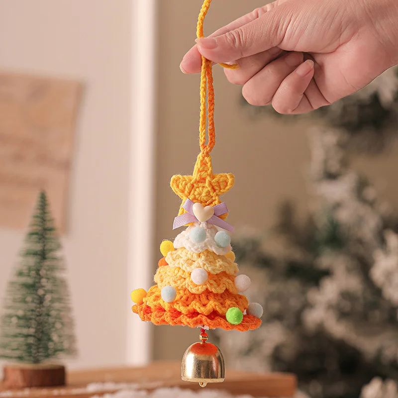 2 Pcs Handmade Crochet Christmas Tree Ornament - Plush Knitted Decoration with Bell - Ideal for Home, Car & Holiday Decor(Style G)