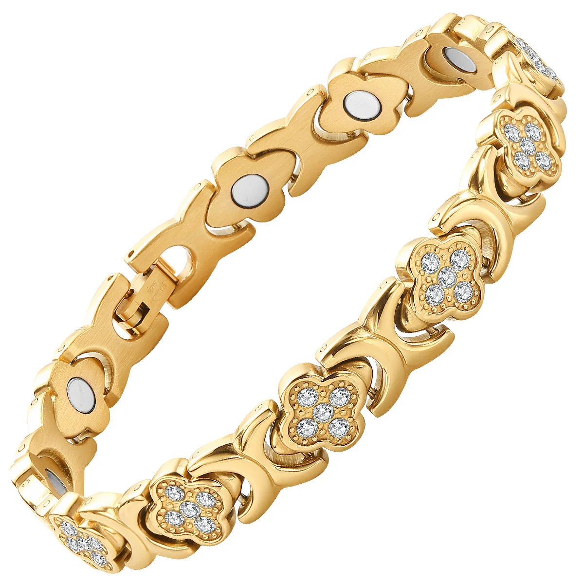 Gold New Fashion Lightweight Luxury Four-Leaf Clover Diamond Inlaid Bracelet - Alloy Magnetic Watch Band Style Bracelet for Women + Free Disassembly Tool