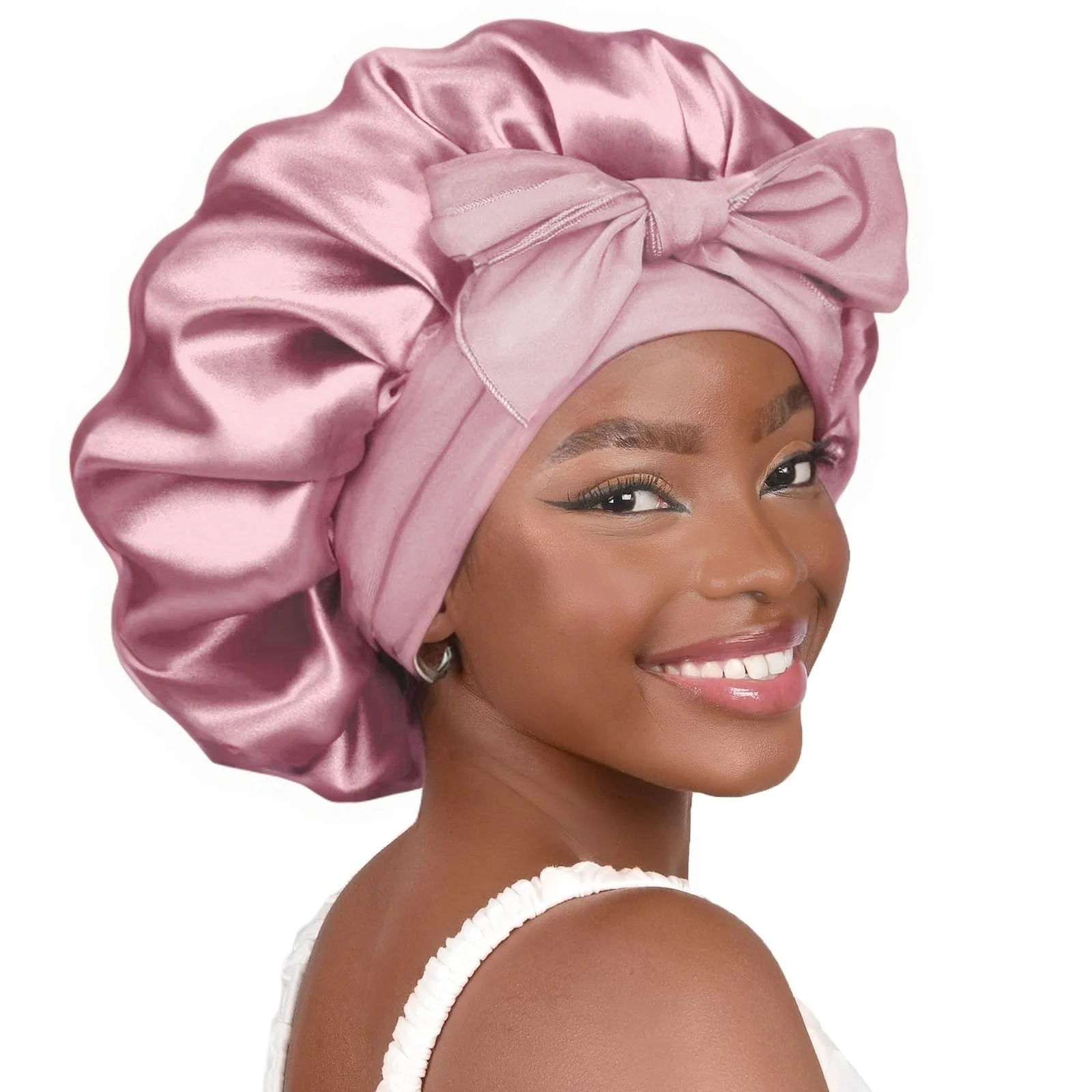 Light bean paste color Luxury Double Layer Satin Bonnet with Bow Tie - Large Hair Protection Sleep Cap for All Hair Types
