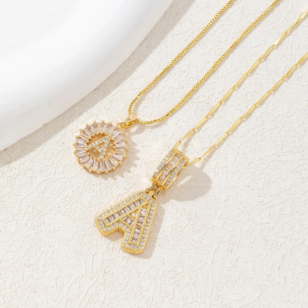 Sparkling Cubic Zirconia Initial Letter Necklace Set - Gold Plated Two-Piece Design(A)