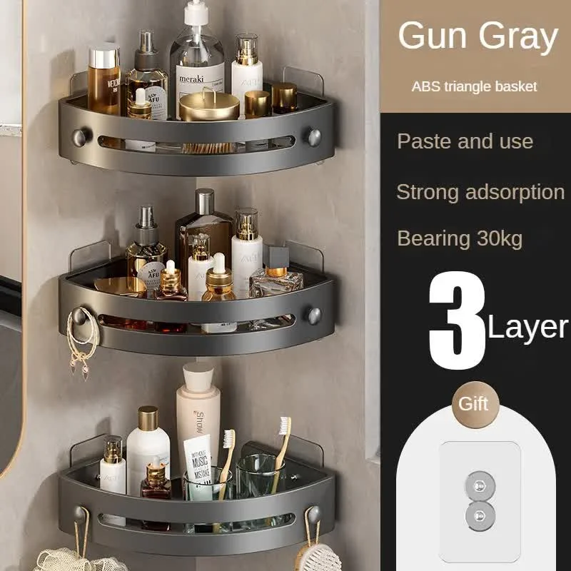 Three layers of gun gray Premium No-Drill Corner Shower Caddy - Thickened ABS Bathroom Storage Shelf with Hooks, Quick Wall Mount Organiser