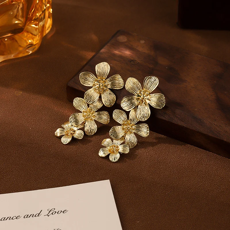 Gold Textured Cascading Floral Statement Drop Earrings for Women