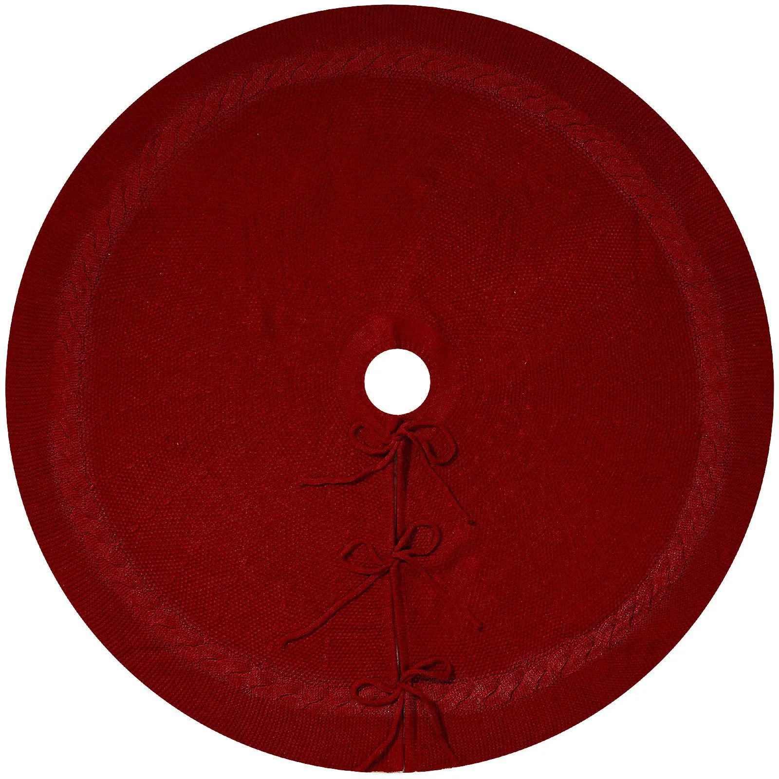 Red Luxury Knit Christmas Tree Skirt with Cable-Knit Border - Rustic Holiday Decor(122cm)