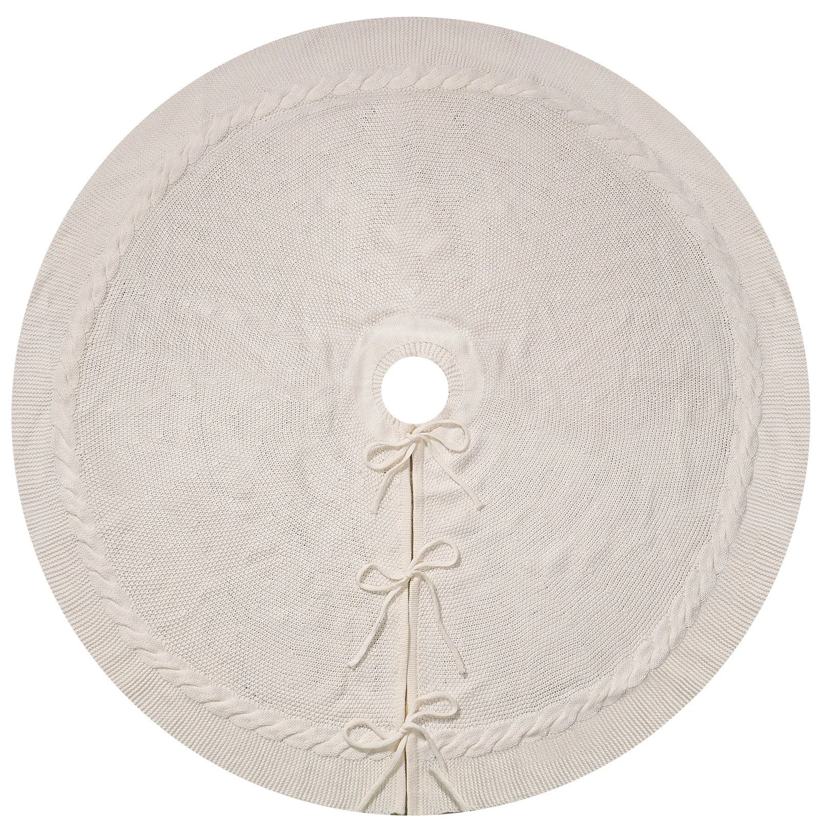White Luxury Knit Christmas Tree Skirt with Cable-Knit Border - Rustic Holiday Decor(122cm)